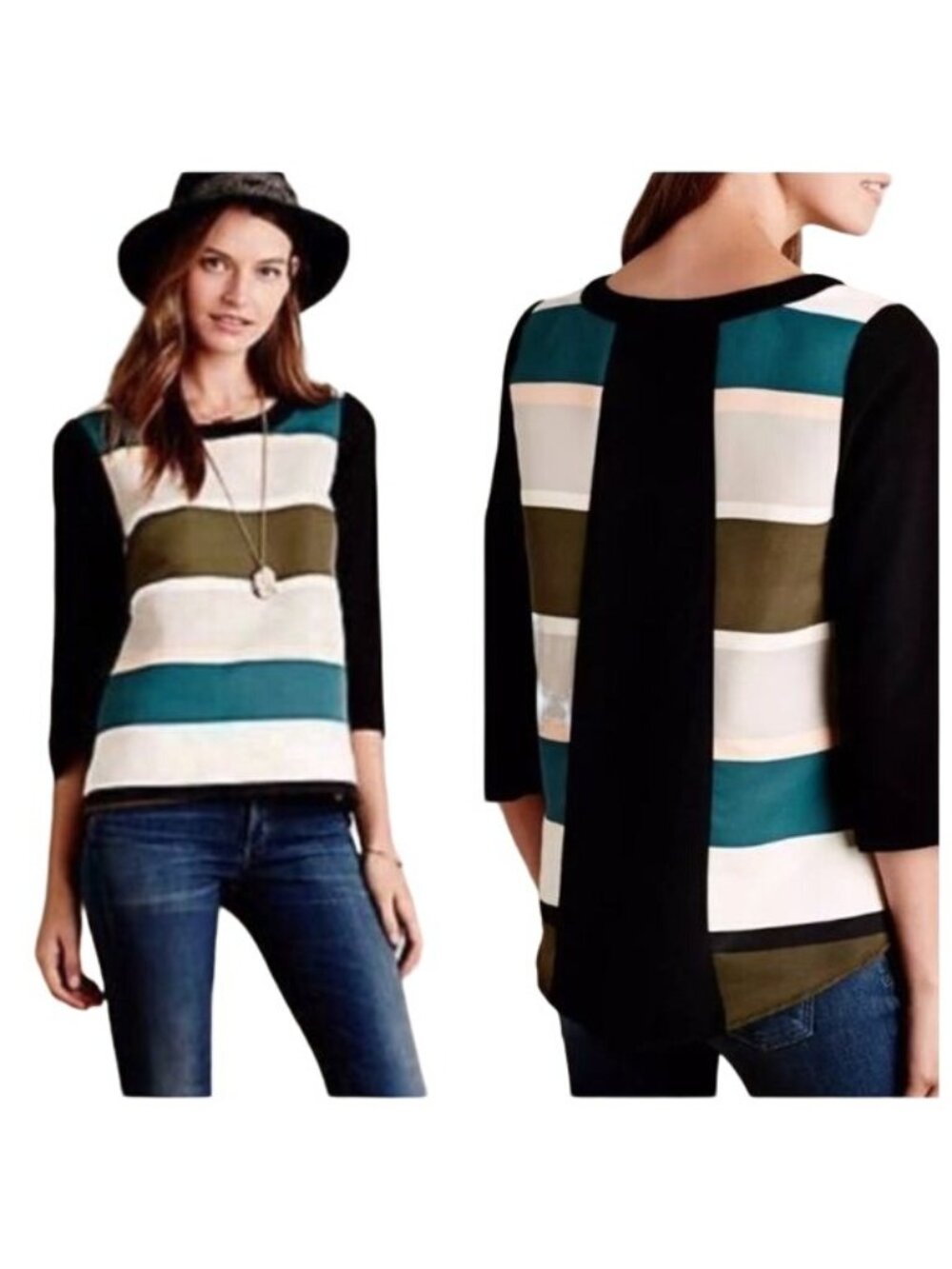 Anthropologie Troubadour Rugby Striped Back Zip Blouse Womens Size 2